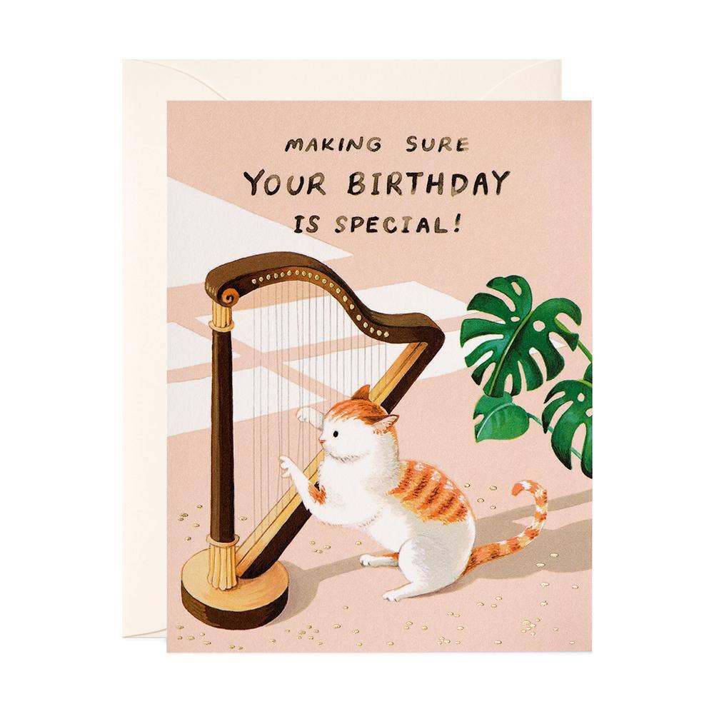 JooJoo Paper Cards Cat and Harp Birthday Greeting Card