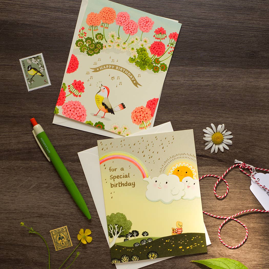 JooJoo Paper Cards Geranium and Bird Birthday Greeting Card