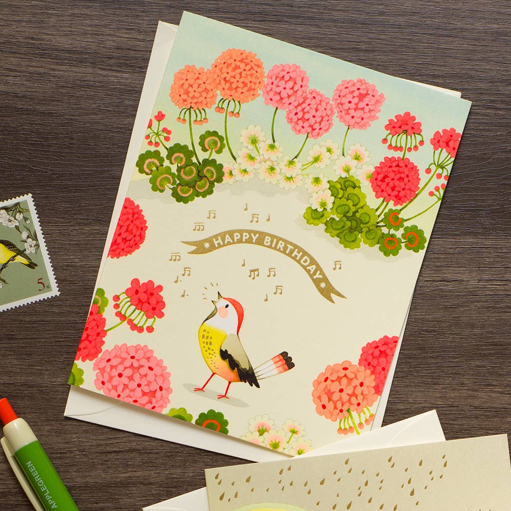 JooJoo Paper Cards Geranium and Bird Birthday Greeting Card