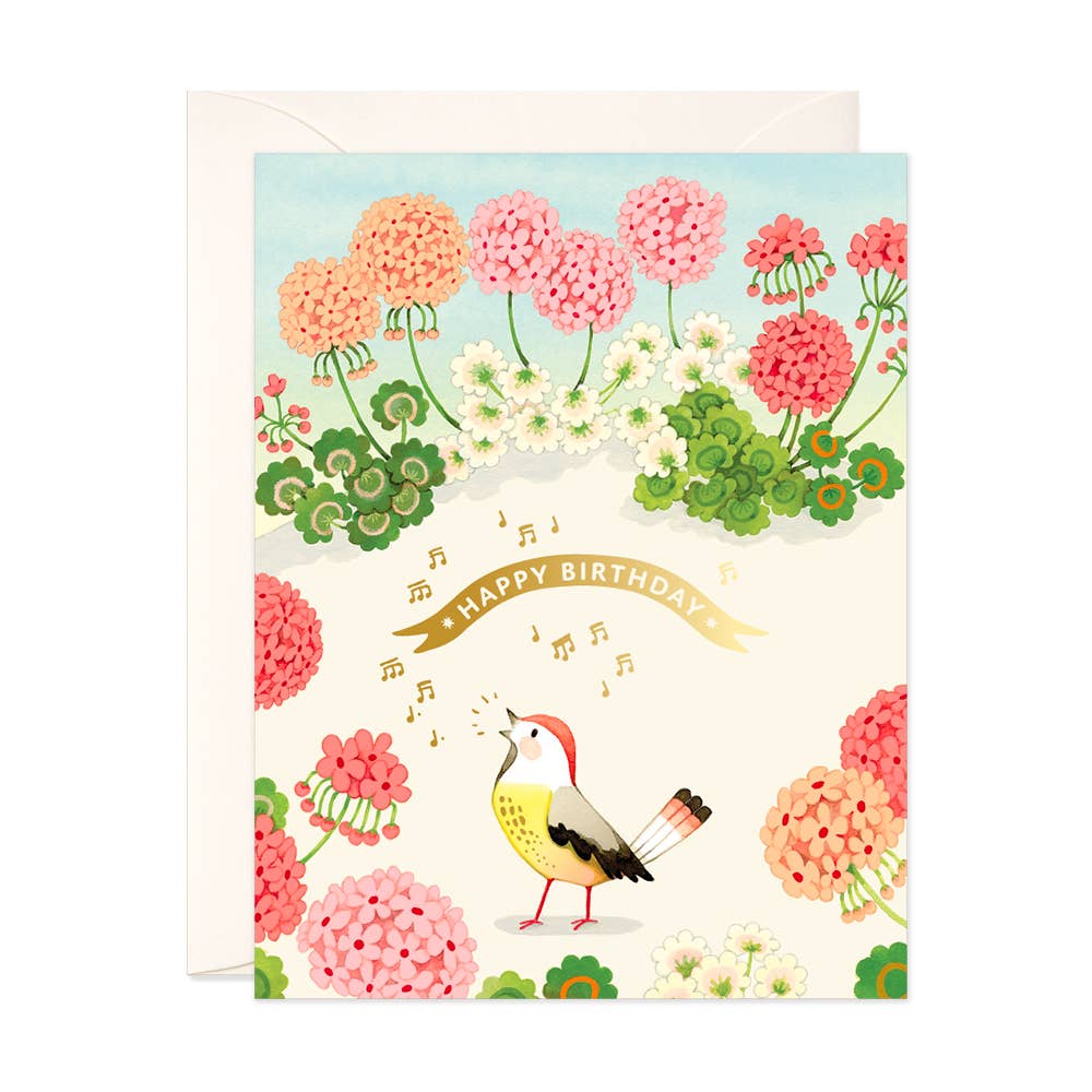 JooJoo Paper Cards Geranium and Bird Birthday Greeting Card