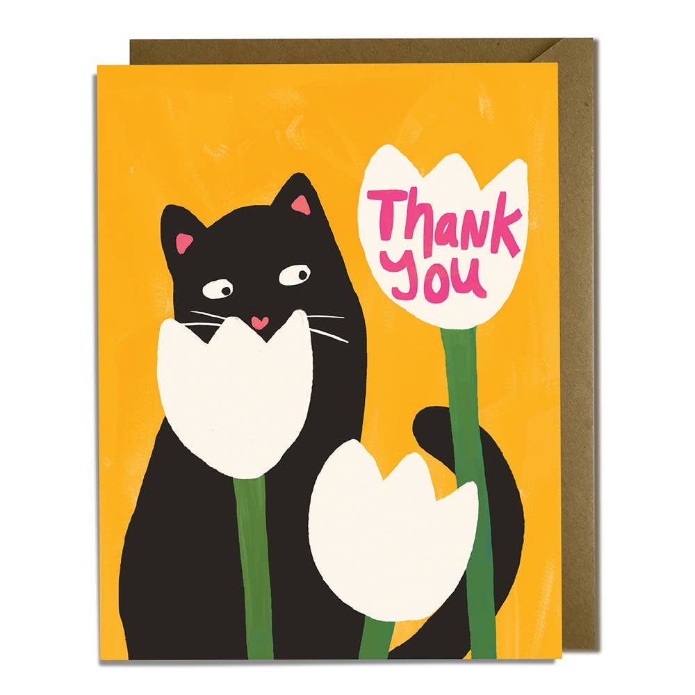 Kat French Design Card Cat & Flower - Thank You Card