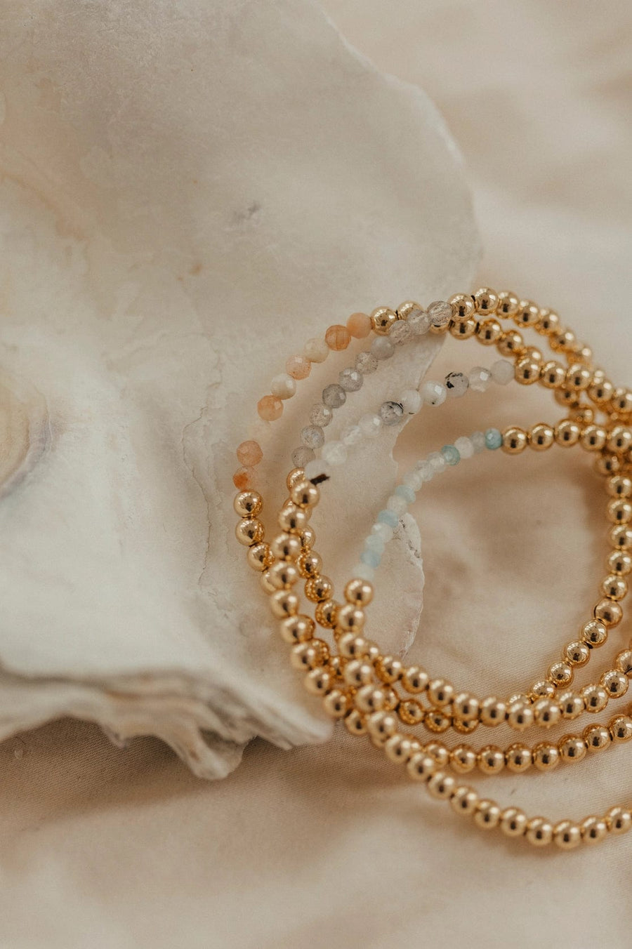 Lace & Pearls Bracelet Gold / Aquamarine Mini Gemstone Beaded Stretch Bracelet