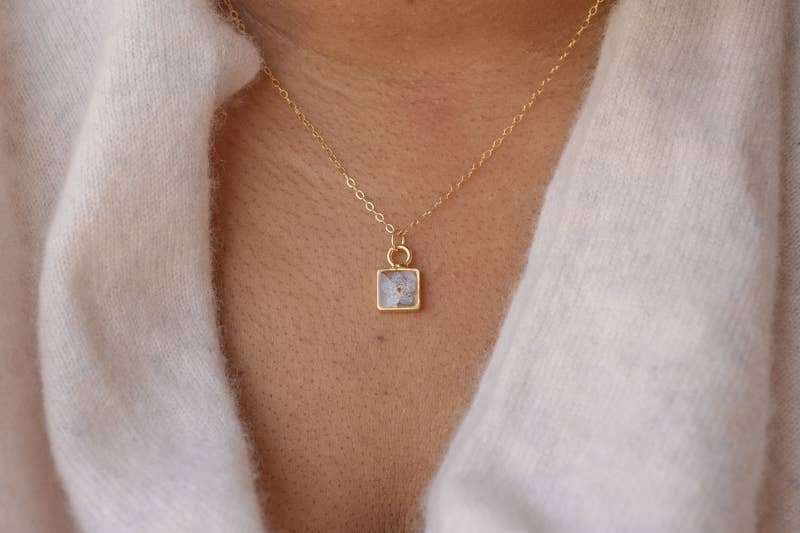 Lace & Pearls Jewelry Fashion Square Forget Me Not Necklace - Blue
