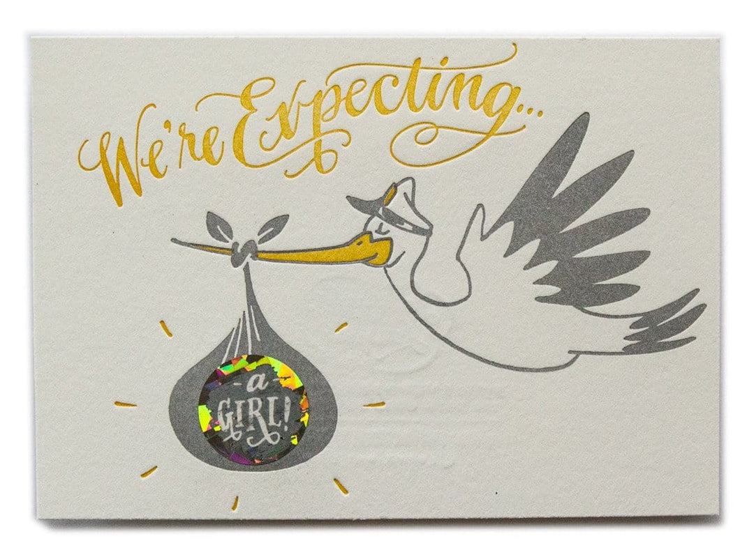 Ladyfingers Letterpress Card Scratch Off Stork Surprise Card- Girl