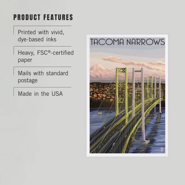 Lantern Press Cards Postcard - Tacoma, Washington Narrows Bridge Rainier