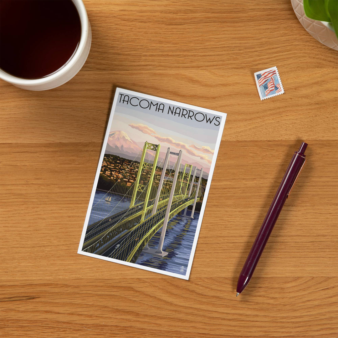 Lantern Press Cards Postcard - Tacoma, Washington Narrows Bridge Rainier