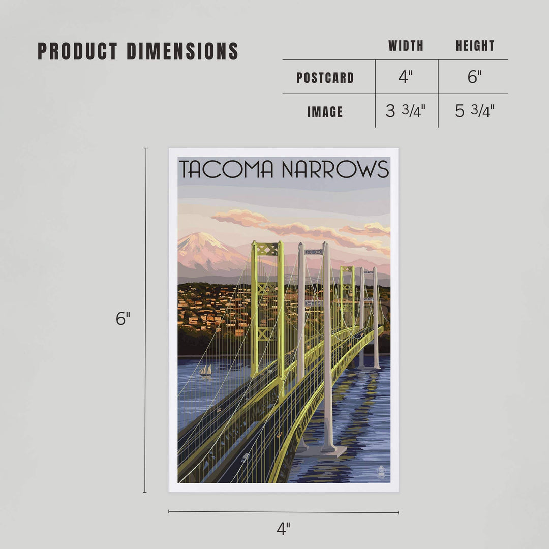 Lantern Press Cards Postcard - Tacoma, Washington Narrows Bridge Rainier