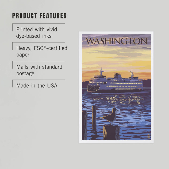 Lantern Press Cards Postcard - Washington, Ferry Sunset &amp; Gull