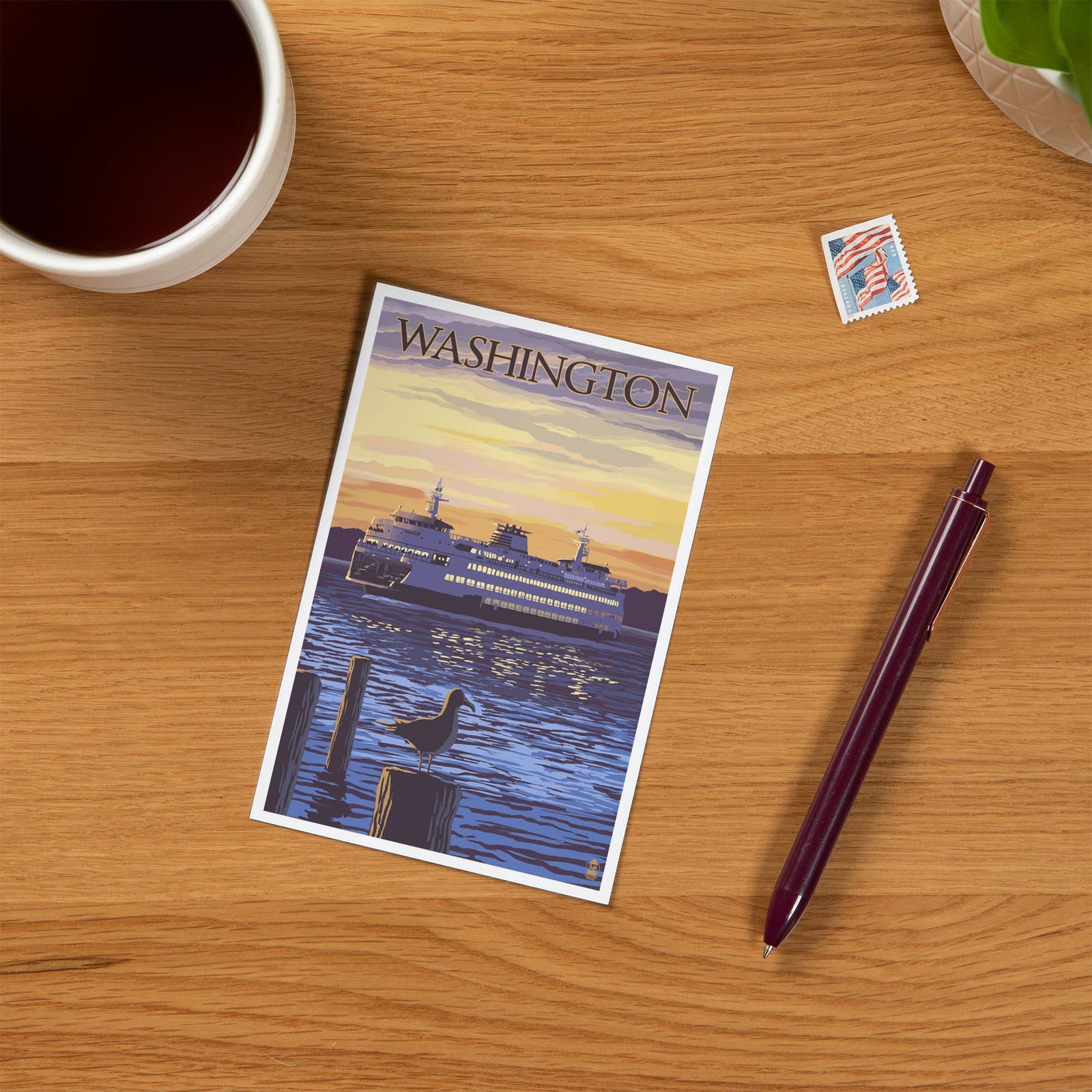 Lantern Press Cards Postcard - Washington, Ferry Sunset & Gull