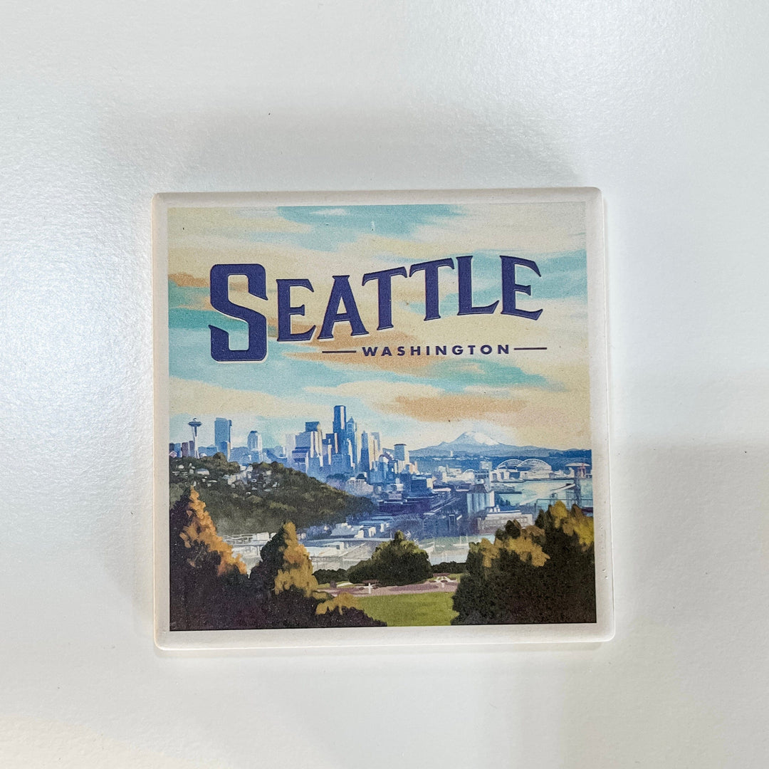 Lantern Press Coasters Seattle, Washington Skyline Oil Painting Ceramic Coaster