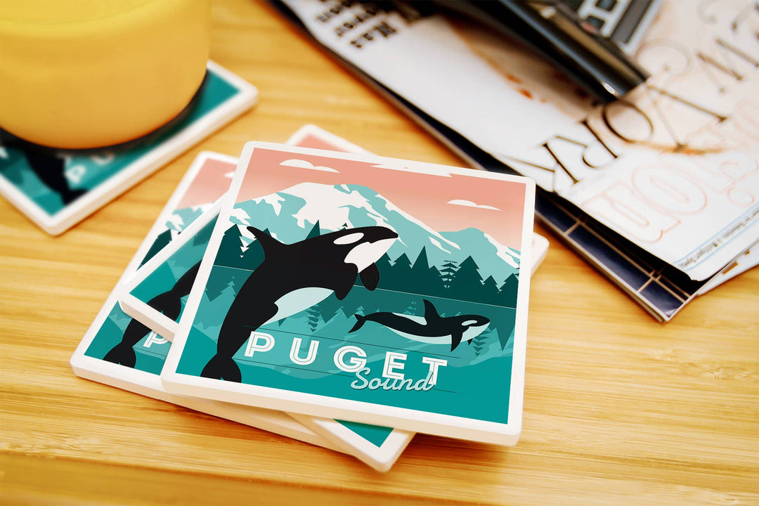 Lantern Press Home Ceramic Coaster Puget Sound, Orca Whale &amp; Calf