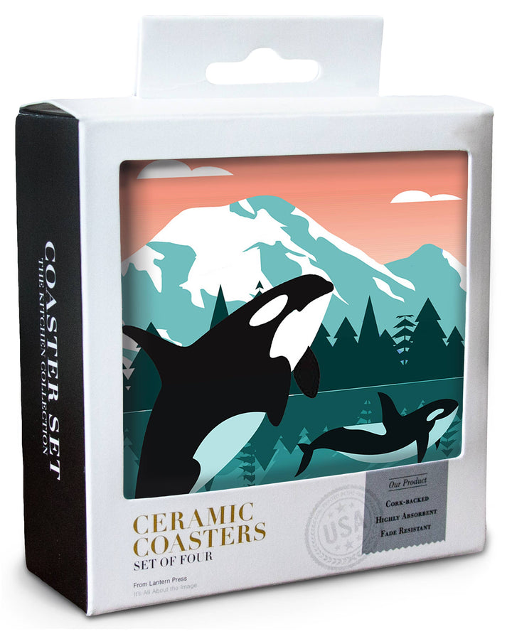 Lantern Press Home Ceramic Coaster Puget Sound, Orca Whale &amp; Calf