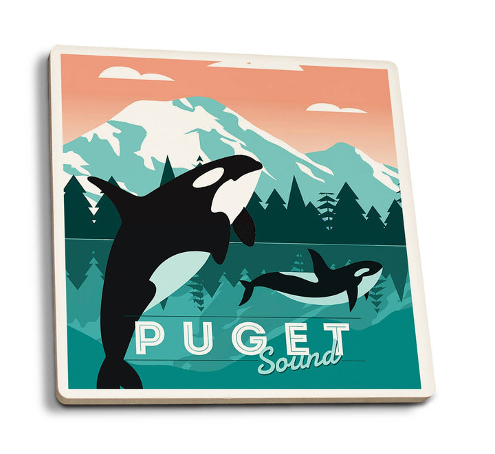 Lantern Press Home Ceramic Coaster Puget Sound, Orca Whale &amp; Calf