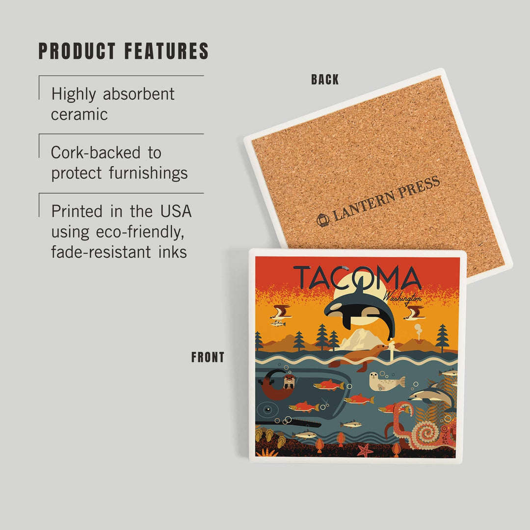 Lantern Press Home Ceramic Coaster  Tacoma Washington Marine Animals Geometric