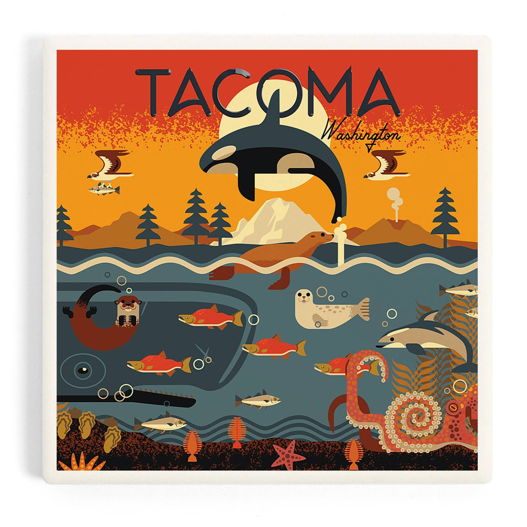 Lantern Press Home Ceramic Coaster  Tacoma Washington Marine Animals Geometric