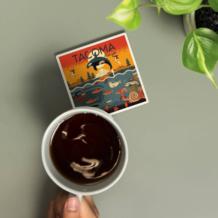 Lantern Press Home Ceramic Coaster  Tacoma Washington Marine Animals Geometric