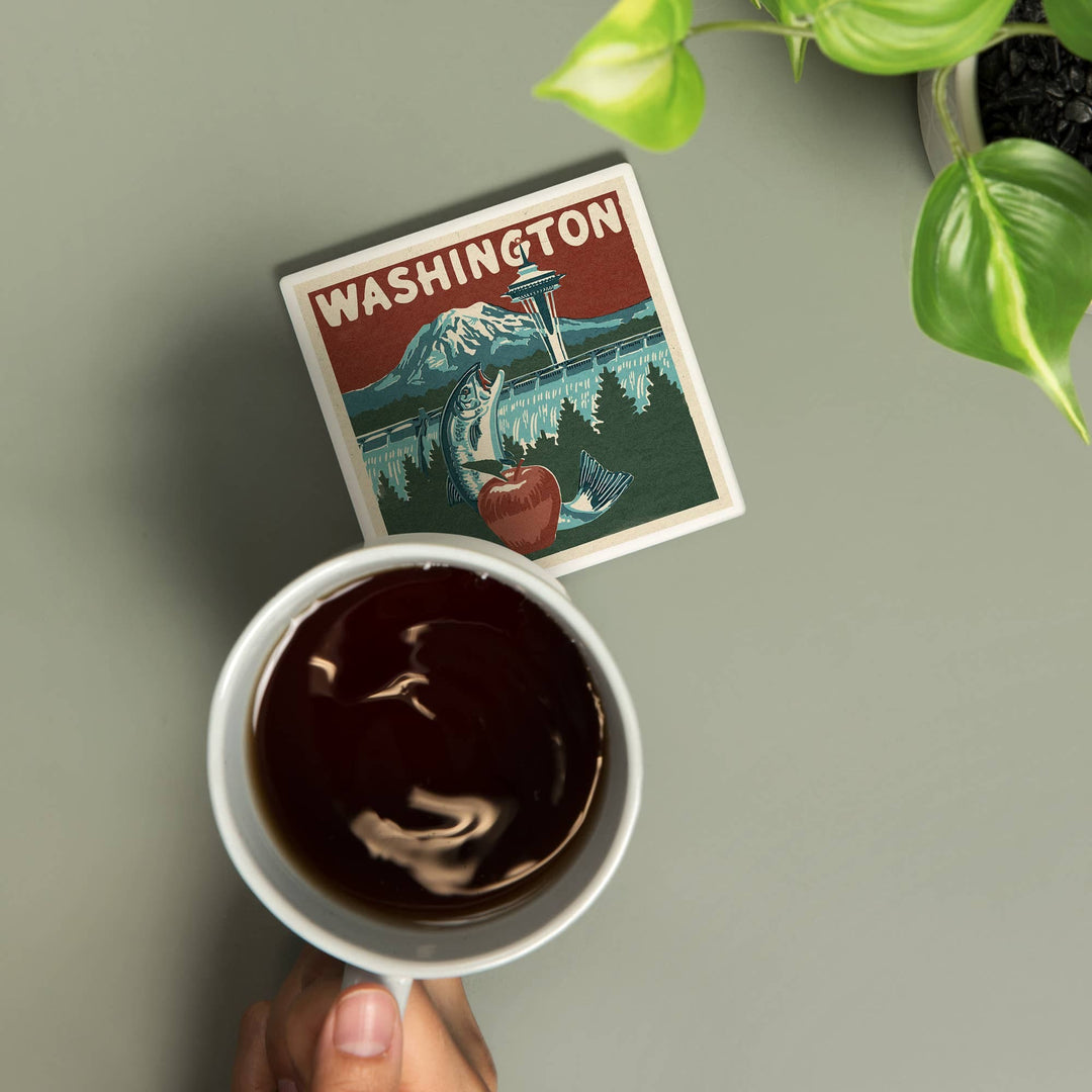 Lantern Press Home Ceramic Coaster Washington State, Woodblock