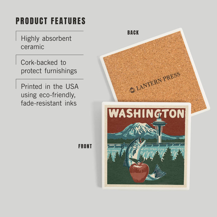 Lantern Press Home Ceramic Coaster Washington State, Woodblock