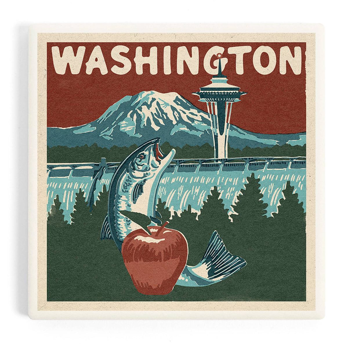 Lantern Press Home Ceramic Coaster Washington State, Woodblock