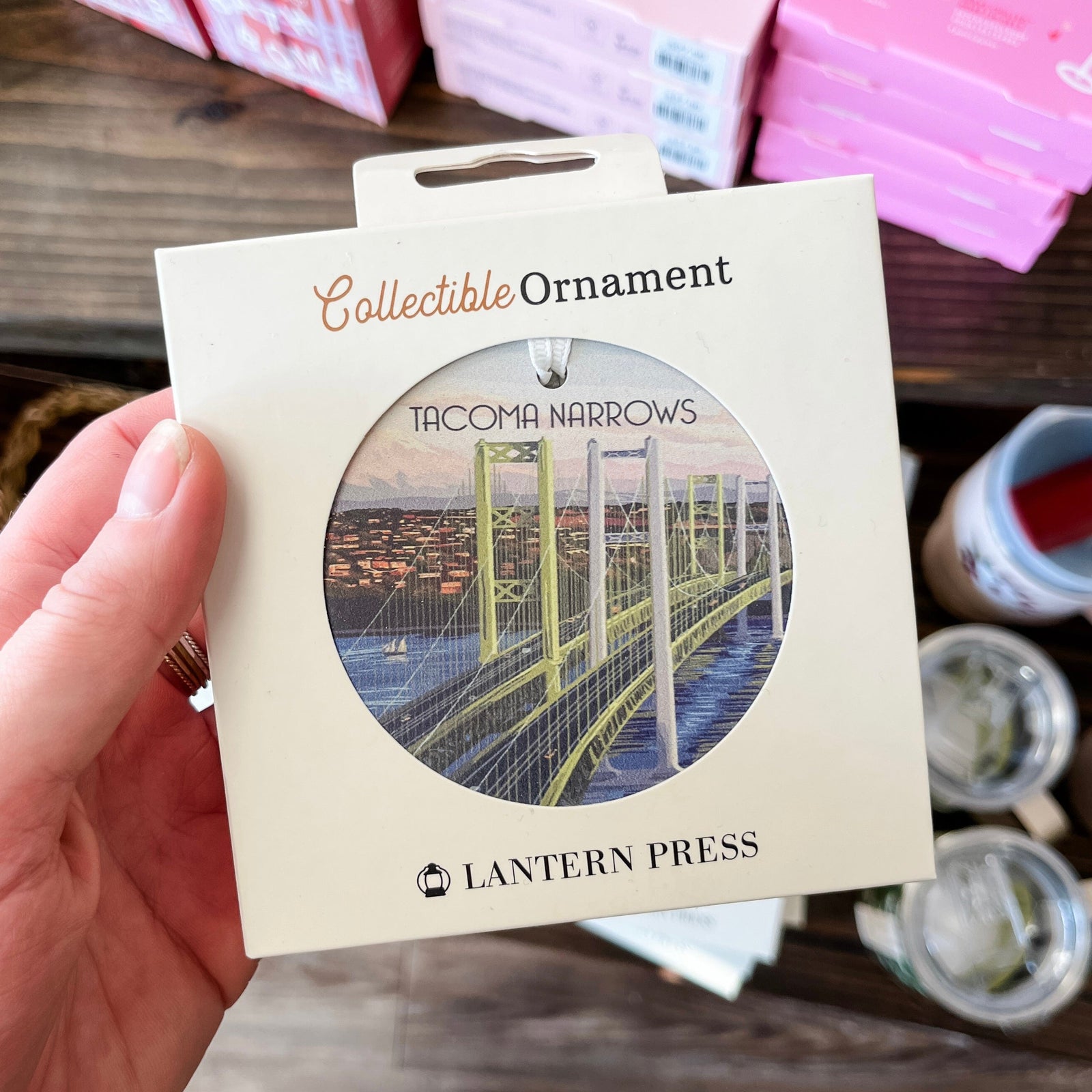 Lantern Press Ornament Tacoma, Washington Narrows Bridge and Rainier Ceramic Ornament