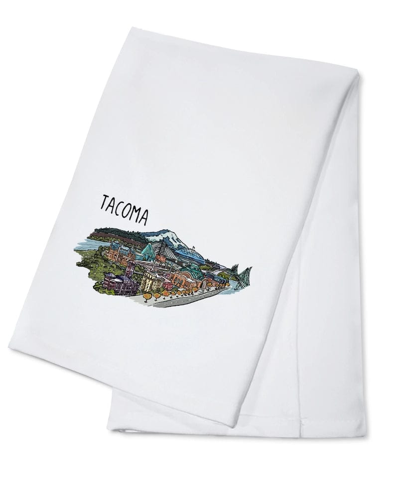 Lantern Press Tea Towel Organic Tea Towel Tacoma, Washington, Line Drawing