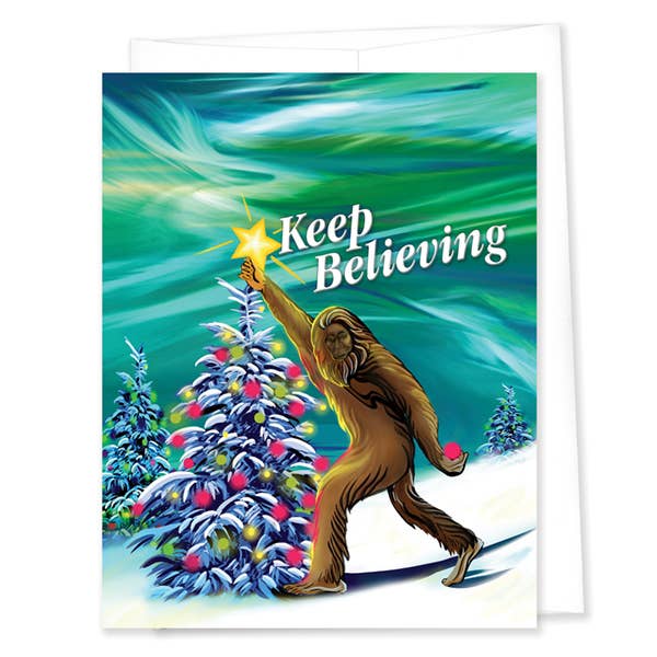 Linda Sholberg Art Card Bigfoot and Aurora Borealis Christmas Card