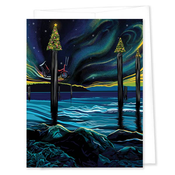 Linda Sholberg Art Card Christmas Bike - Beach Night Holiday Card