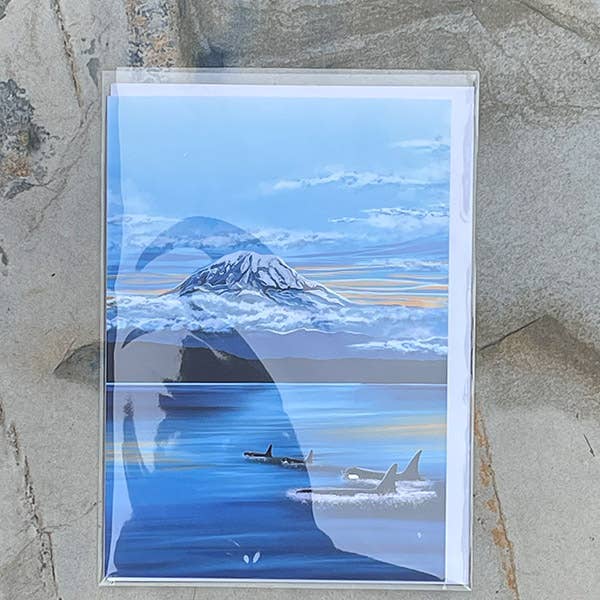 Linda Sholberg Art Cards Mount Rainier &  Orca's "On the Hunt" Art Card