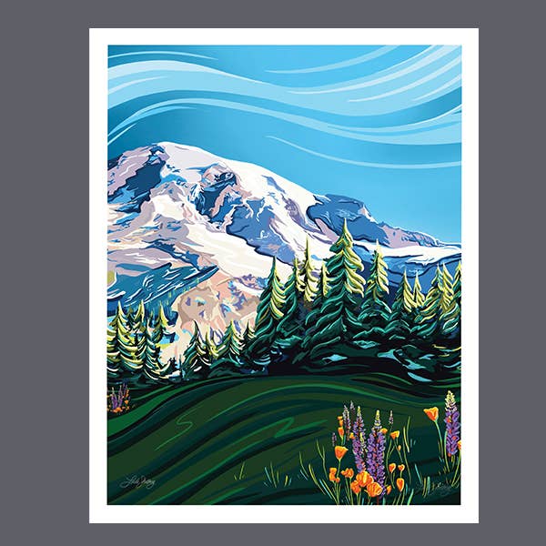 Linda Sholberg Art Home Mount Rainier & Wildflowers Art Print - National Park