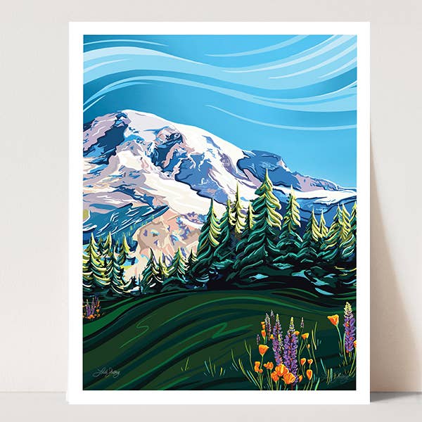 Linda Sholberg Art Home Mount Rainier & Wildflowers Art Print - National Park