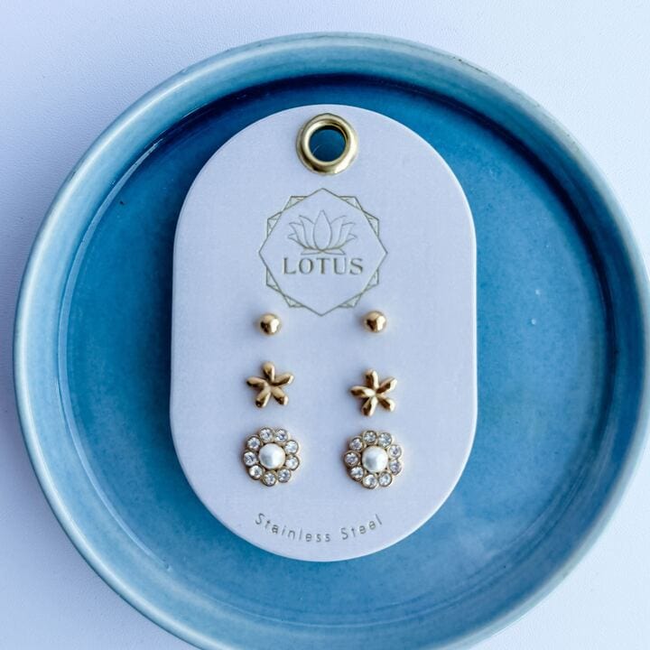 Lotus Jewelry Studio Fashion Gold Plated Modern Earring Trio - Flower