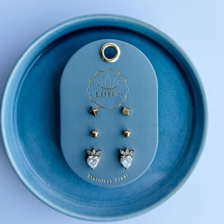 Lotus Jewelry Studio Fashion Gold Plated Modern Earring Trio - Hearts