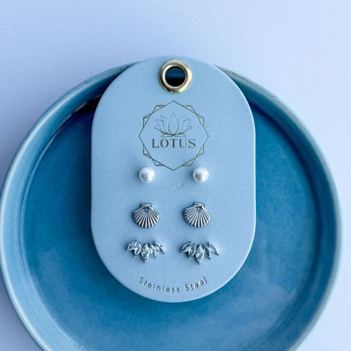 Lotus Jewelry Studio Fashion Silver Plated Modern Earring Trio - Shell