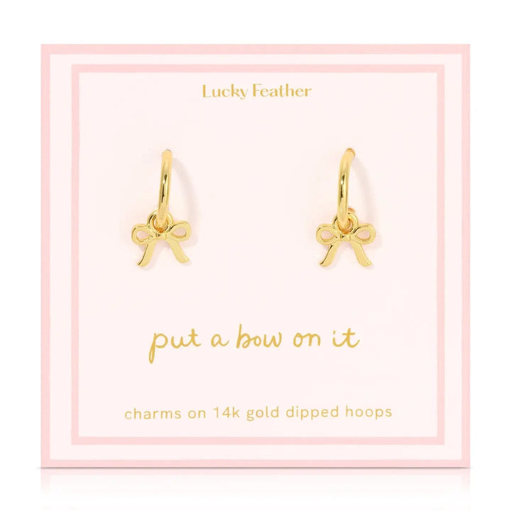 Lucky Feather Earrings Gold Beautiful Bows - Bow Charm Hoops