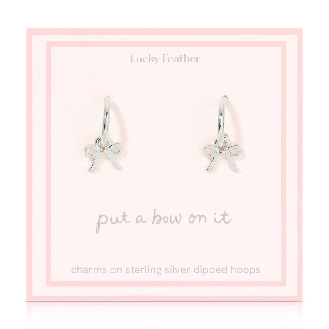 Lucky Feather Earrings Silver Beautiful Bows - Bow Charm Hoops