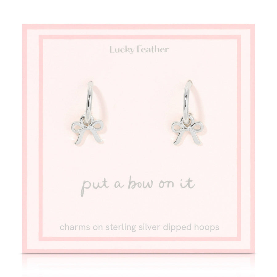 Lucky Feather Earrings Silver Beautiful Bows - Bow Charm Hoops