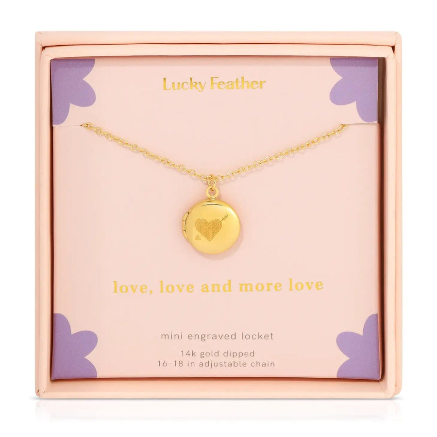 Lucky Feather Necklace Mini Engraved Locket - Heart