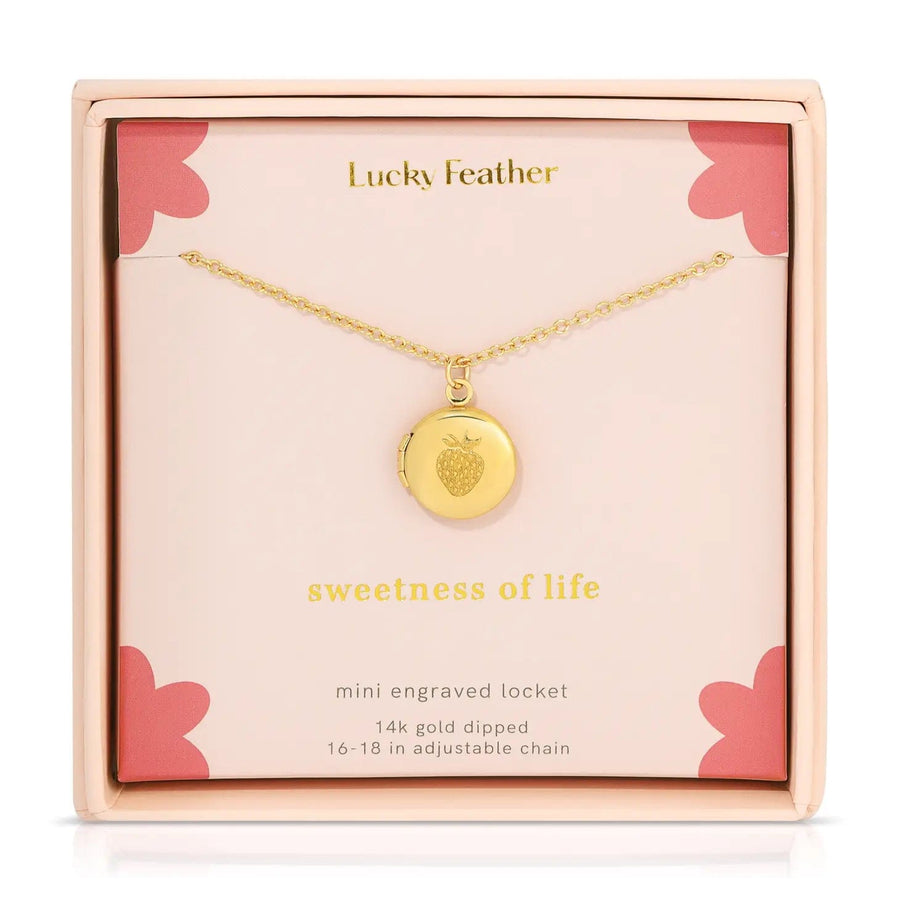 Lucky Feather Necklace Mini Engraved Locket - Strawberry