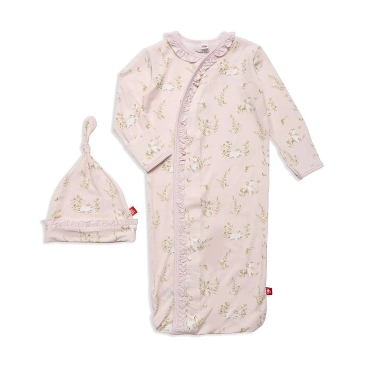 Magnetic Me knotted gown Newborn-3m Pink Serene Safari Gown + Hat Set with Ruffles