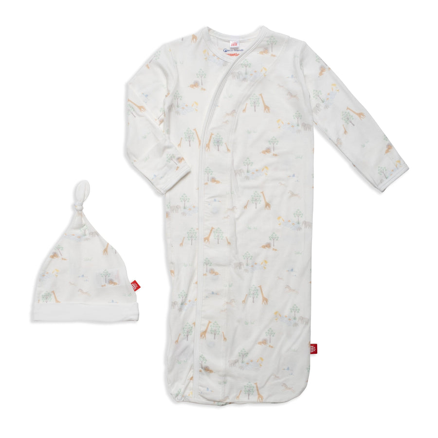 Magnetic Me knotted gown Newborn-3m White Serene Safari Gown Hat Set
