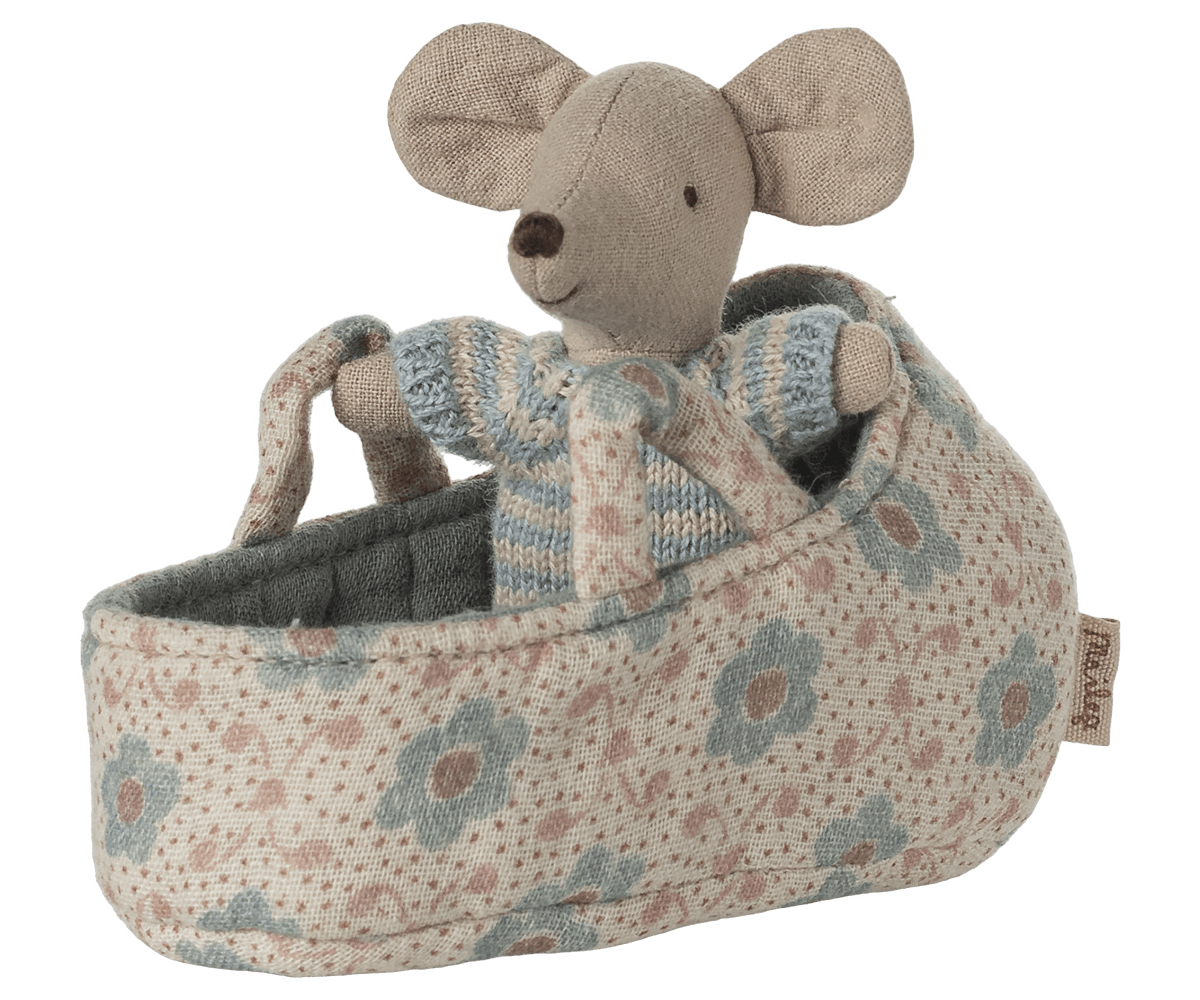 Maileg Dollhouse Baby mouse in carry cot - Blue | Maileg