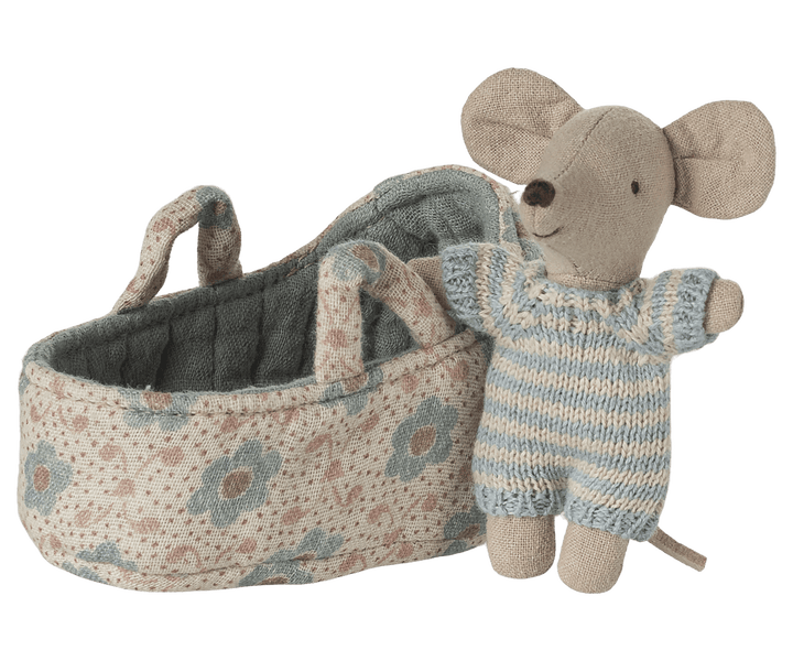 Maileg Dollhouse Baby mouse in carry cot - Blue | Maileg