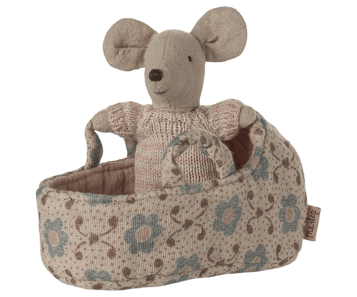 Maileg Dollhouse Baby mouse in carry cot - Rose | Maileg