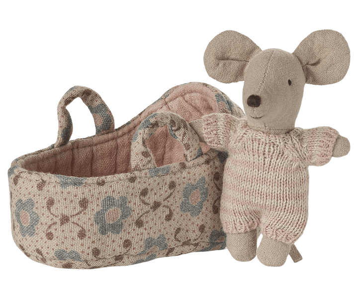 Maileg Dollhouse Baby mouse in carry cot - Rose | Maileg