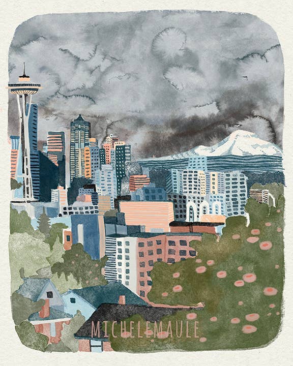 michele maule Art Print 8" x 10" Seattle Night Skyline Print