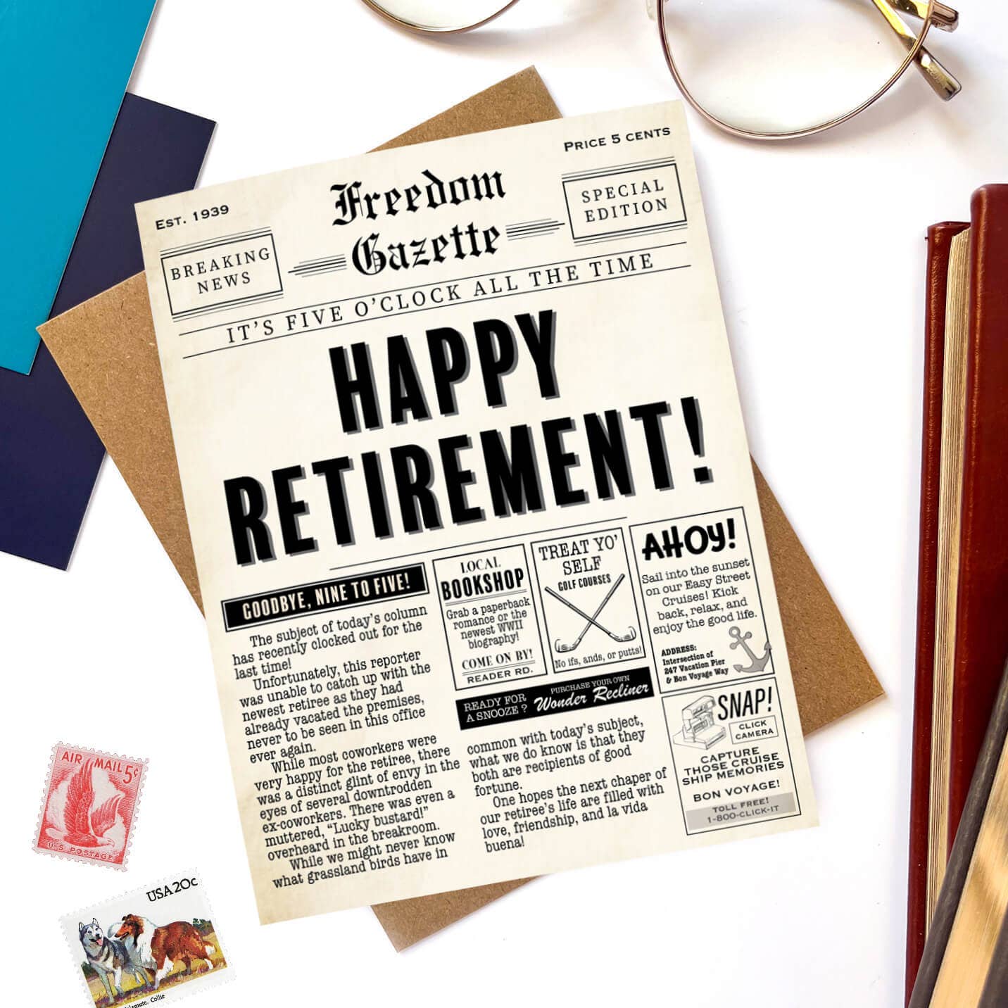 Morgan Swank Studio Cards Vintage Newspaper Punny Retirement Card