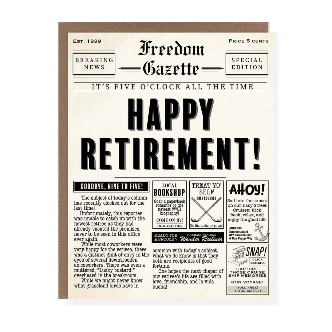 Morgan Swank Studio Cards Vintage Newspaper Punny Retirement Card