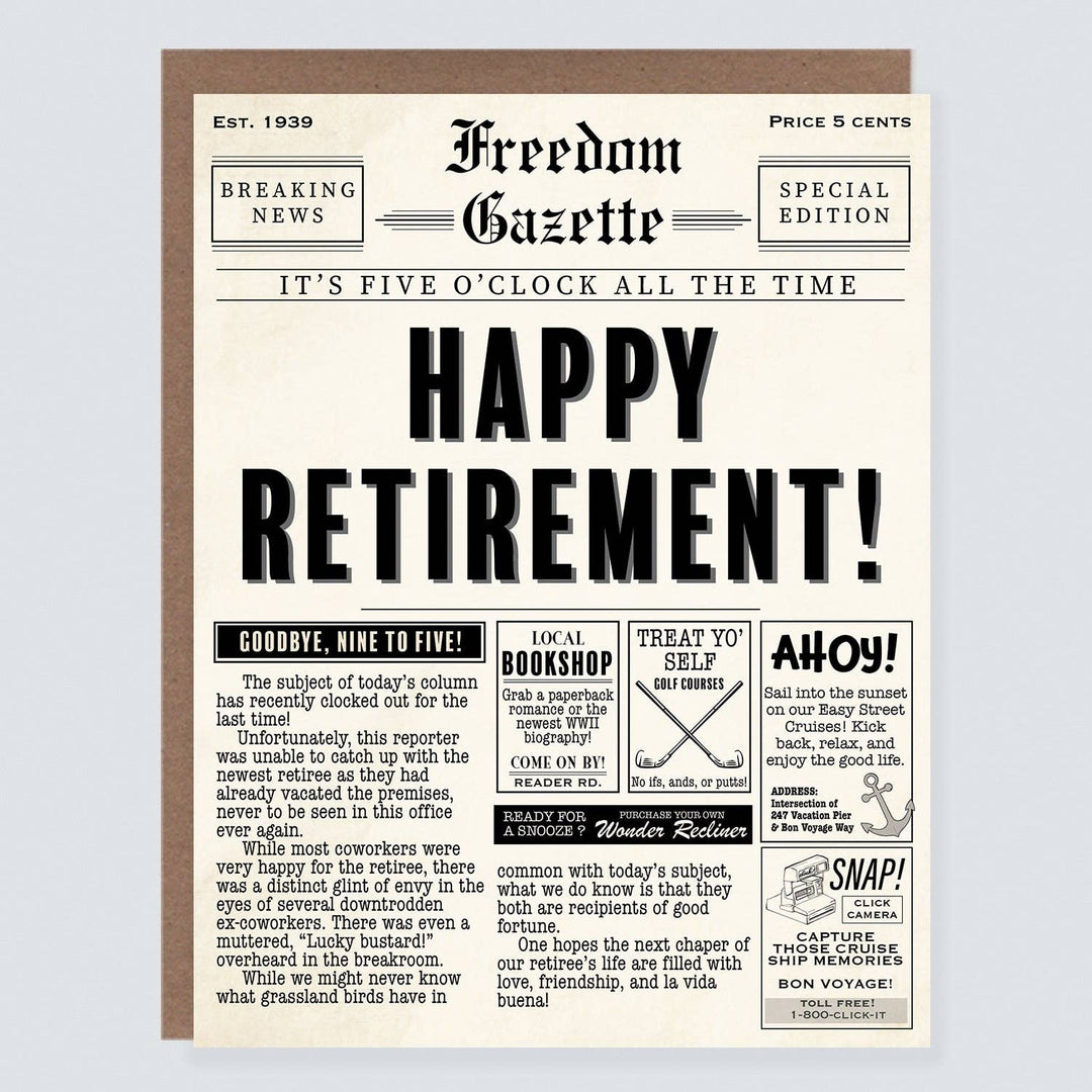 Morgan Swank Studio Cards Vintage Newspaper Punny Retirement Card