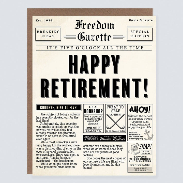 Morgan Swank Studio Cards Vintage Newspaper Punny Retirement Card