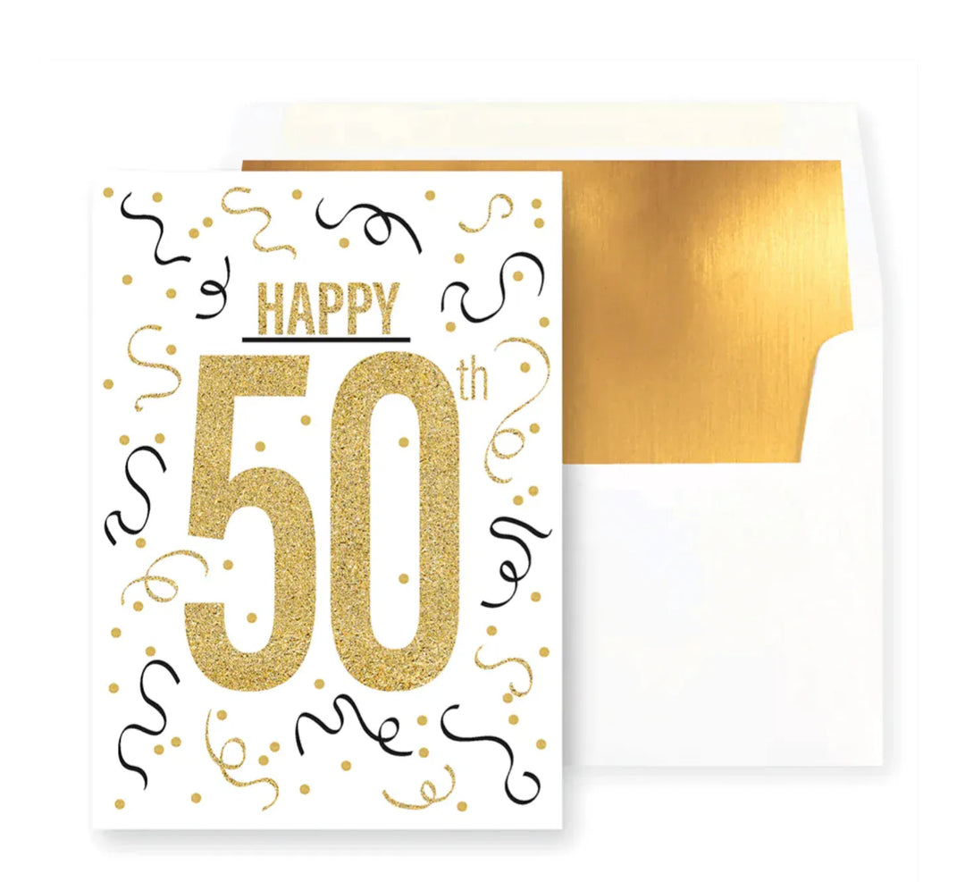 Niquea.D Cards Happy 50th Black and Gold Streamers Birthday Card